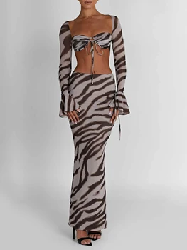 Nové Módní Dámské Sukně 2 Ks Oblečení Dlouhý Rukáv Zebra Tisk Svázat Maximálně Dlouhé Bodycon Sukně Set Šetrný K Pokožce Hot Prodej S M L Obrázek