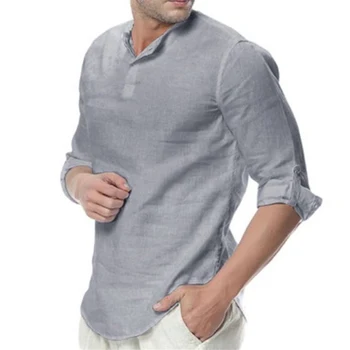 Nové Pánské Ležérní Letní jednobarevné Košile Camisa Masculina Pánské Bavlněné Tričko Módní Loose V Neck Topy Muži Obrázek