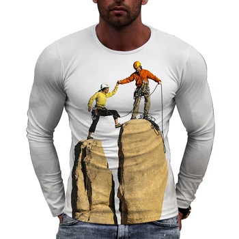 Nový Evropský Trend Sportovní Lezení Obrázek Muže s dlouhými rukávy T-shirt Ležérní Potištěné Tees Hip-hop Osobnosti Kolem Krku Topy Obrázek