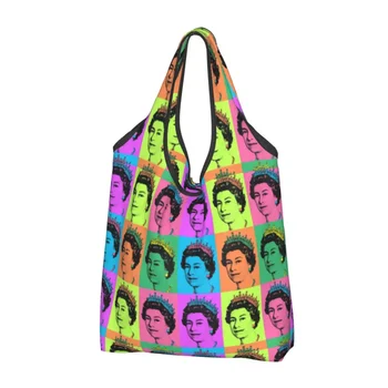 Recyklace Královna Elizabeth II Anglie Pop-Art Nakupování Ženy Tote Bag Přenosné Royal Spojené Království Nákup Shopper Tašky Obrázek