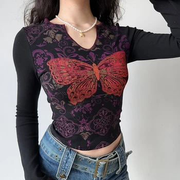 Retro Estetický Y2K Butterfly Print Top Dlouhý Rukáv Slim Fit T-Shirt Casual Halenka Grunge Oblečení 2023 Obrázek