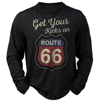 Route 66 Tištěné Pánské Dlouhý Rukáv T-košile Módní Vintage Šaty Příležitostné O-neck Bavlněné Topy Hip Hop Trend Harajuku Volné Tees Obrázek