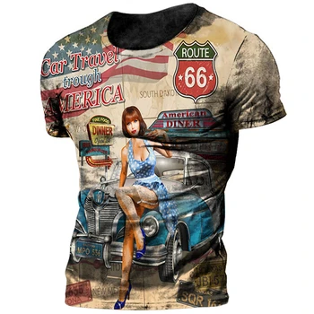Ročník Route 66 T-shirt Pro Muže 3d Tištěné Biker Motor Pánské Trička Nadrozměrných Tričko Route 66 Závodní Krátký Rukáv Camiseta Obrázek