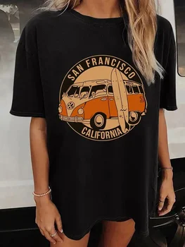 San Francisco California Vintage Školní Autobus Dámské Bavlněné T-Košile Osobnost Módní Oblečení Retro Ležérní Ženy Krátký Rukáv Obrázek