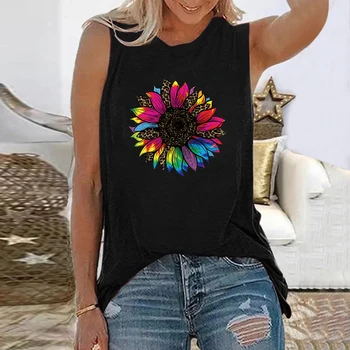 Seeyoushy Vícebarevná Leopard Slunečnice Print T-shirt Ženy bez Rukávů Summer Graphic Tee T Košile Ležérní Topy pro Ženy Oblečení Obrázek