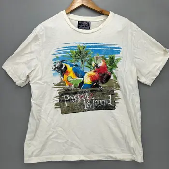 Vintage B&E Sport Pánské Bílé Retro Parrot Island s Krátkým Rukávem Graphic T-Shirt L Obrázek