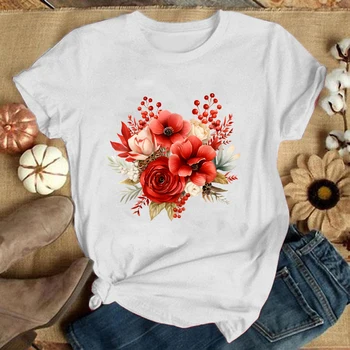 Vtipné Flower Print T-Shirt Letní Dopis Print T Shirt Ženy Muži Krátký Rukáv Volné Košile(Premium T-shirt) Obrázek