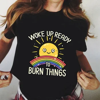 Ženy Grafický Harajuku Módní Košile PRÁCI PŘIPRAVEN K VYPÁLENÍ VĚC Slunce a Duha Krátké Rukávy Léto Podzim Rainbow Girl Tričko Obrázek