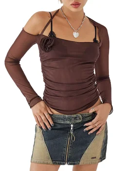 Ženy T-shirt Dlouhý Rukáv Halterneck s hlubokým Výstřihem Květinové Slim Fit Čiré Topy Clubwear Obrázek