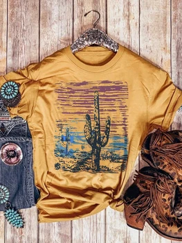 Ženy Západní Pouště Kaktus, Západ Slunce T-Shirt Vintage Retro Grafický T Tričko Kovbojky Ležérní Topy Vintage Vacation Tees Obrázek